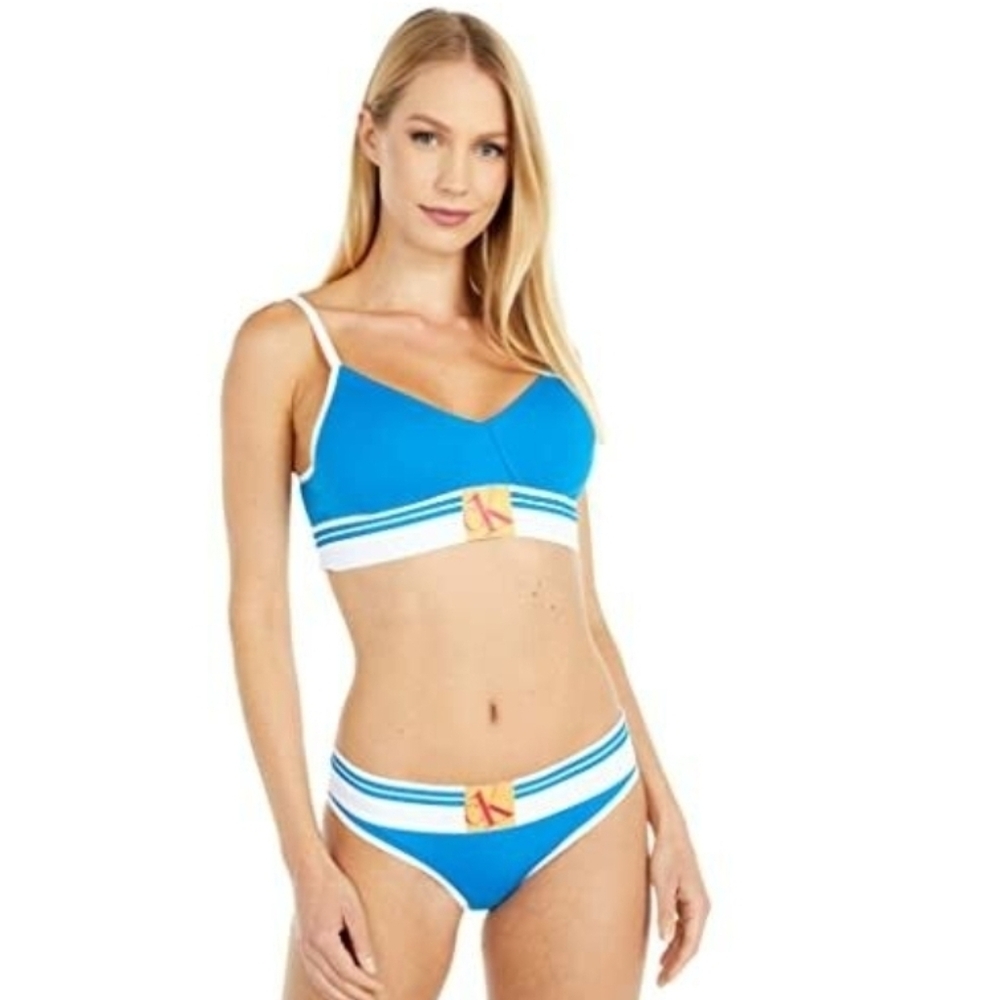 Calvin Klein Women's Retro Colorblock Bralette & Bikini Set- Vibrant Blue-Medium